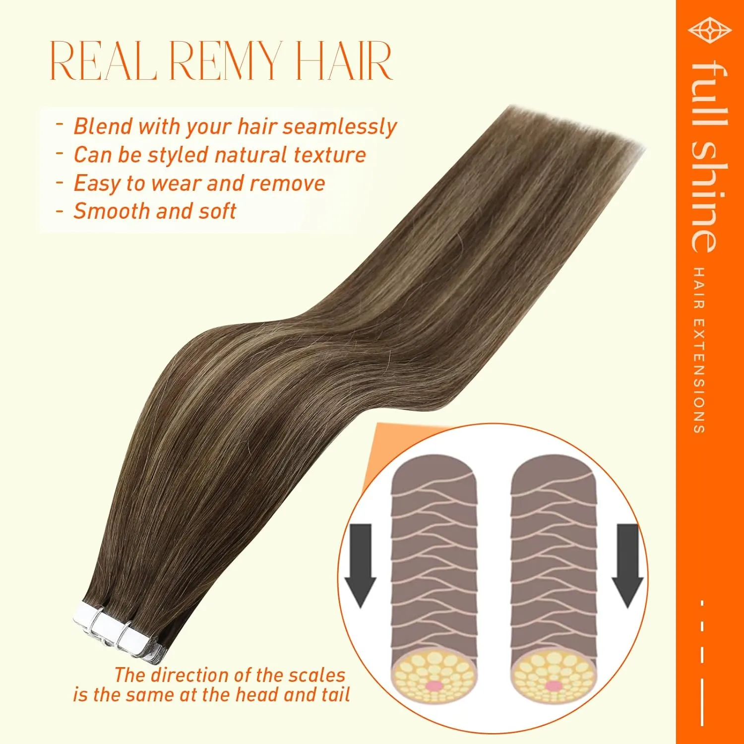 Full Shine Invisible Tape in Hair Extensions Human Hair 18 Inch Tape ins Brown Extensions Color 4/24/4 Balayage Hair Extensions Real Human Hair Seamless Tape ins Human Hair Extension 50Gram 20Pcs