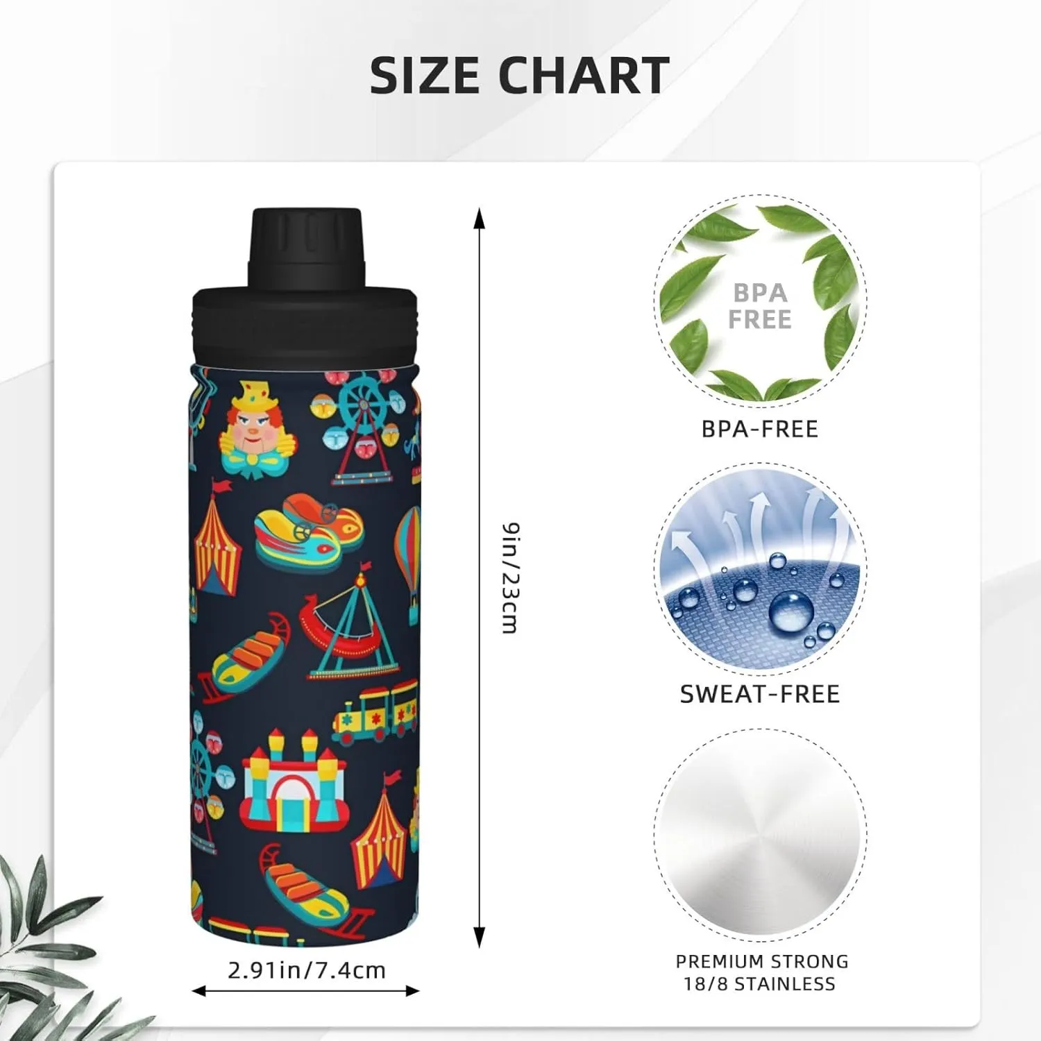 Funny Amusement Park Sports Water Bottle 18 Oz Stainless Steel Sports Insulated Kettle for Travel Outdoor Gym