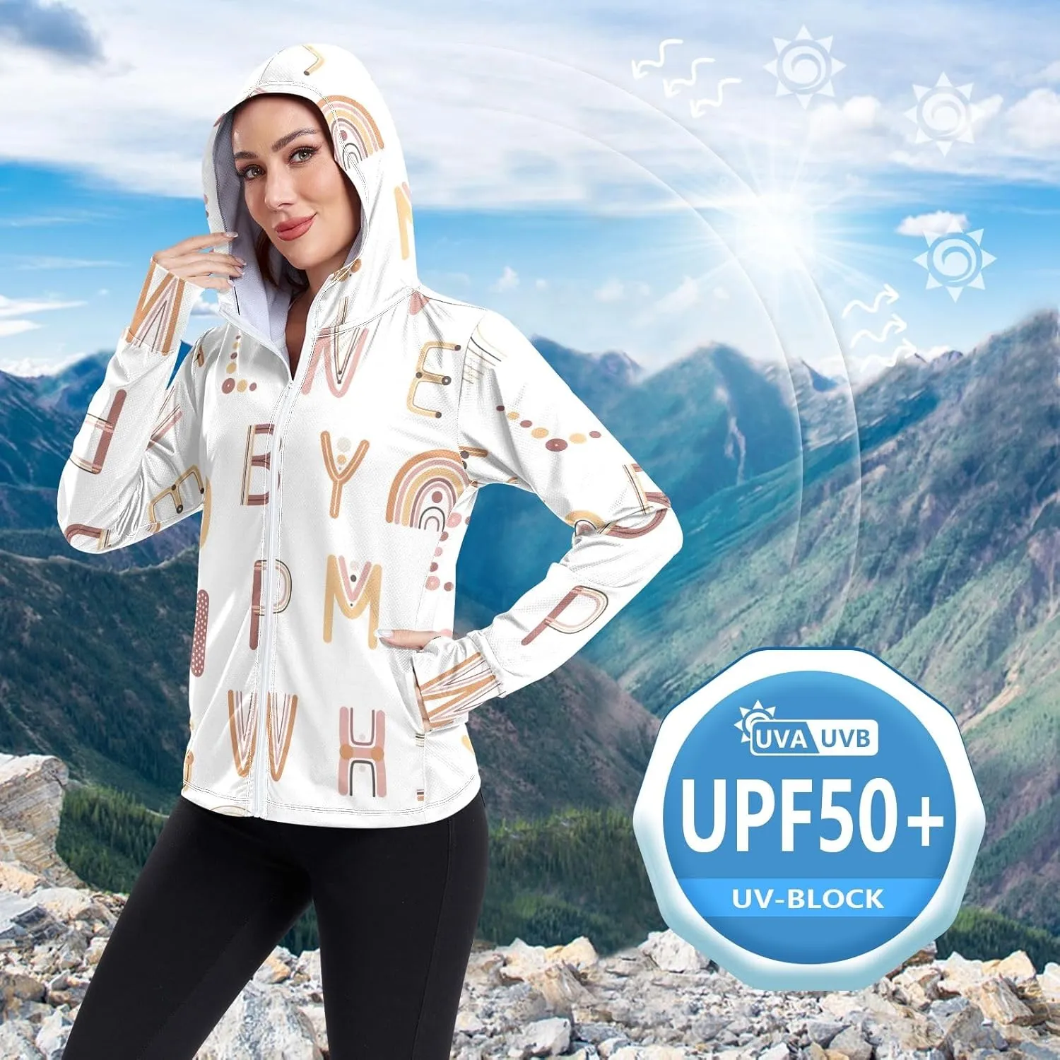 GAIGEO Boho Rainbows Letters Terracotta Women Jacket UPF 50  Upf Clothing Women Cooling Fabric, Thumb Holes, XXL