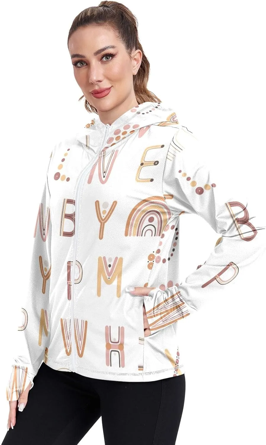GAIGEO Boho Rainbows Letters Terracotta Women Jacket UPF 50  Upf Clothing Women Cooling Fabric, Thumb Holes, XXL