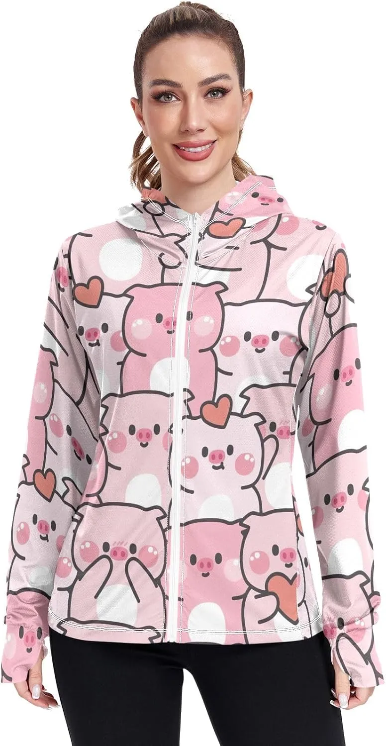 GAIGEO Cute Rabbit Doodle Style Women Jacket Breathable Women Uv Protection Clothing UPF 50 , with Zip Pockets, S