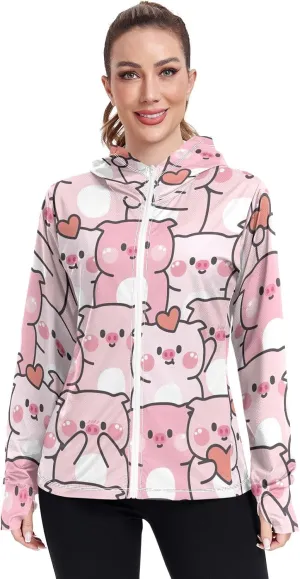 GAIGEO Cute Rabbit Doodle Style Women Jacket Breathable Women Uv Protection Clothing UPF 50 , with Zip Pockets, S