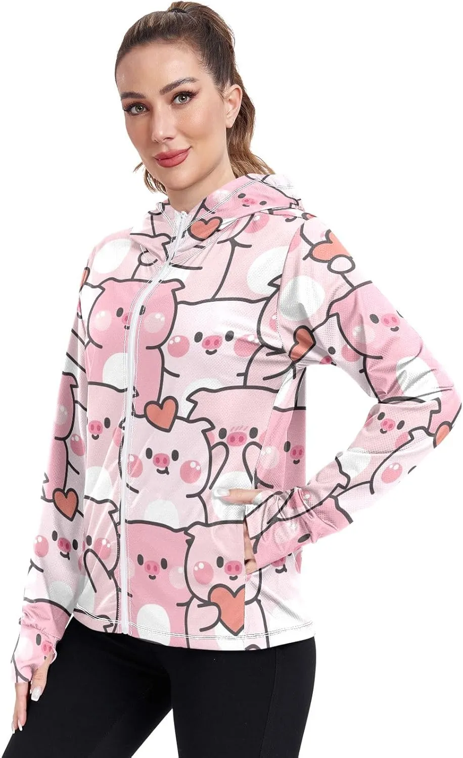 GAIGEO Cute Rabbit Doodle Style Women Jacket Breathable Women Uv Protection Clothing UPF 50 , with Zip Pockets, S