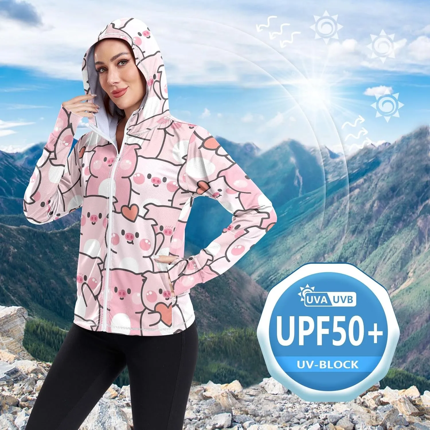 GAIGEO Cute Rabbit Doodle Style Women Jacket Breathable Women Uv Protection Clothing UPF 50 , with Zip Pockets, S