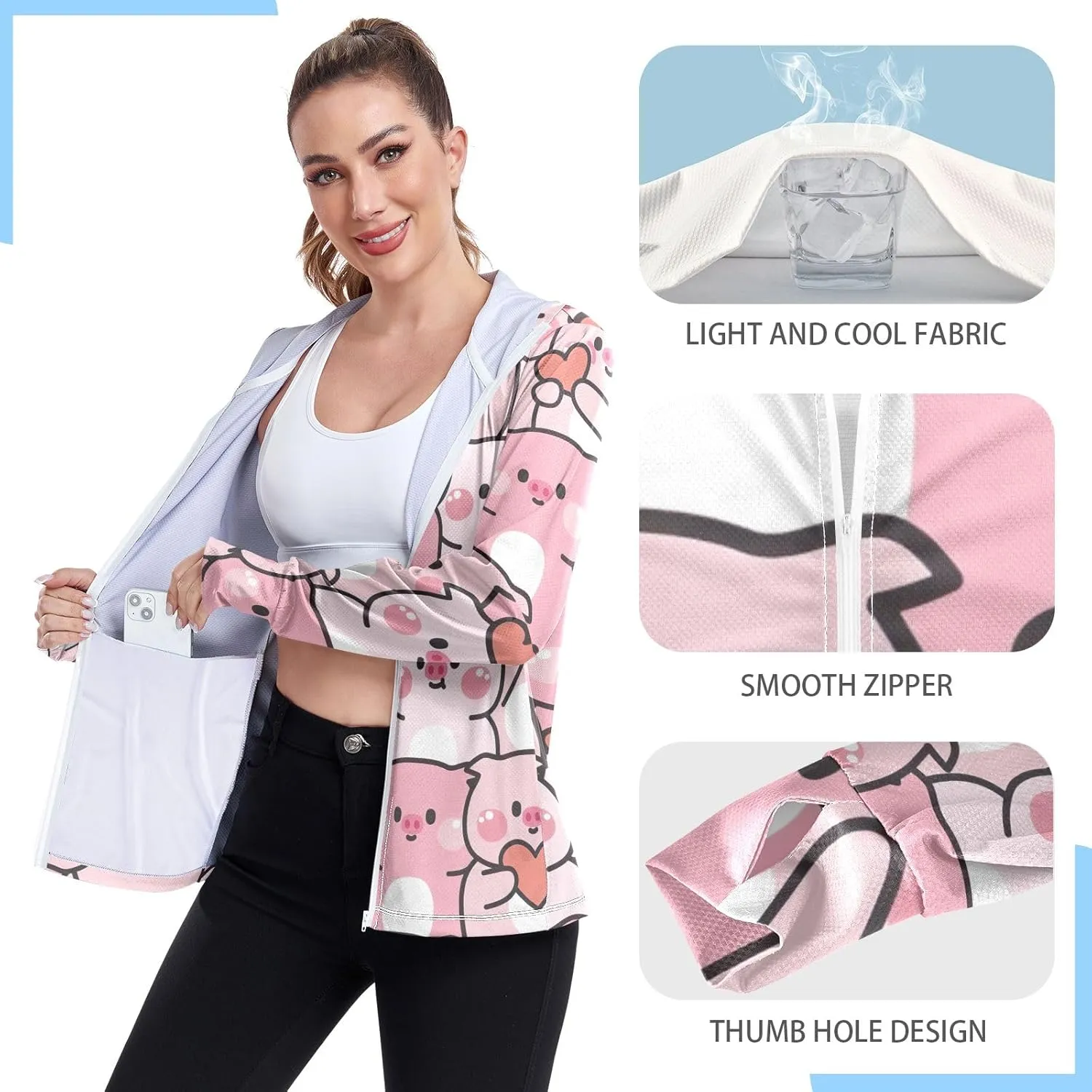 GAIGEO Cute Rabbit Doodle Style Women Jacket Breathable Women Uv Protection Clothing UPF 50 , with Zip Pockets, S