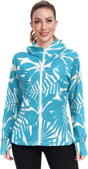 GAIGEO Yellow Blue Color Palm Leaves Women Jacket Active UPF 50  Womens Sun Protection Clothing, Secure Pockets, S