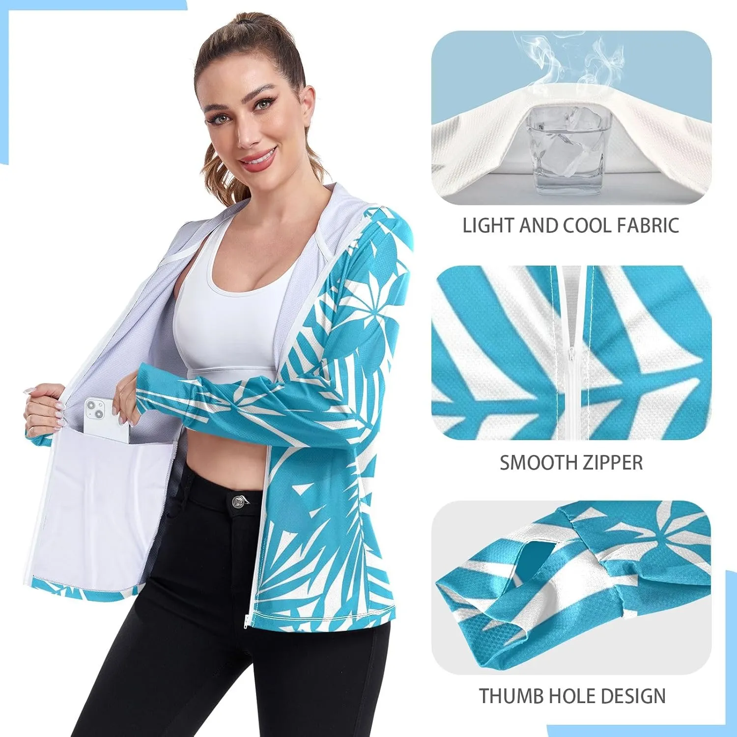 GAIGEO Yellow Blue Color Palm Leaves Women Jacket Active UPF 50  Womens Sun Protection Clothing, Secure Pockets, S