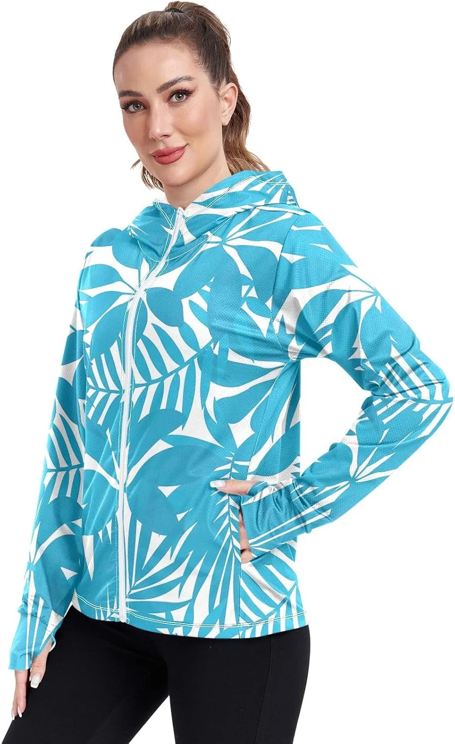 GAIGEO Yellow Blue Color Palm Leaves Women Jacket Active UPF 50  Womens Sun Protection Clothing, Secure Pockets, S