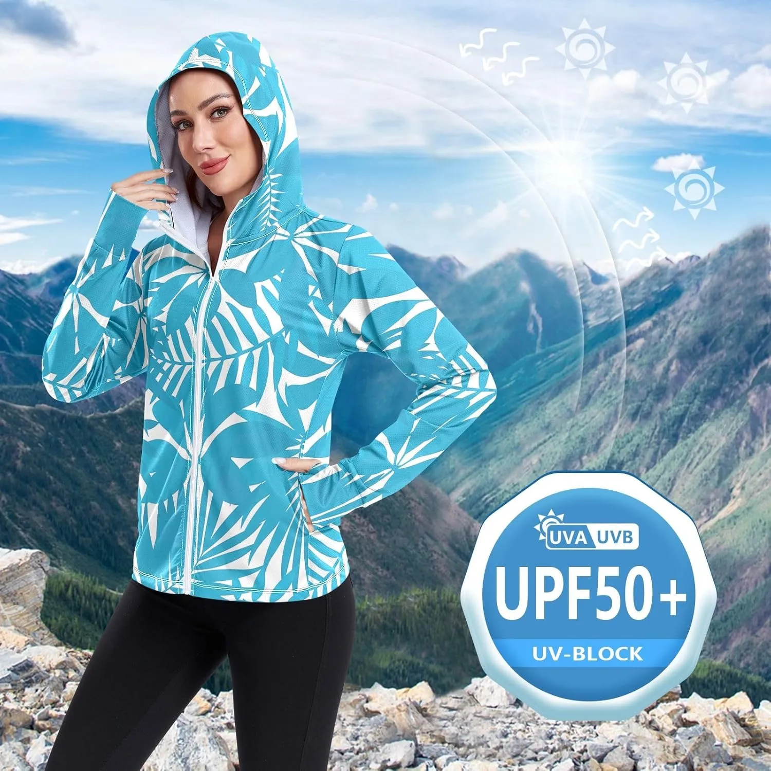 GAIGEO Yellow Blue Color Palm Leaves Women Jacket Active UPF 50  Womens Sun Protection Clothing, Secure Pockets, S