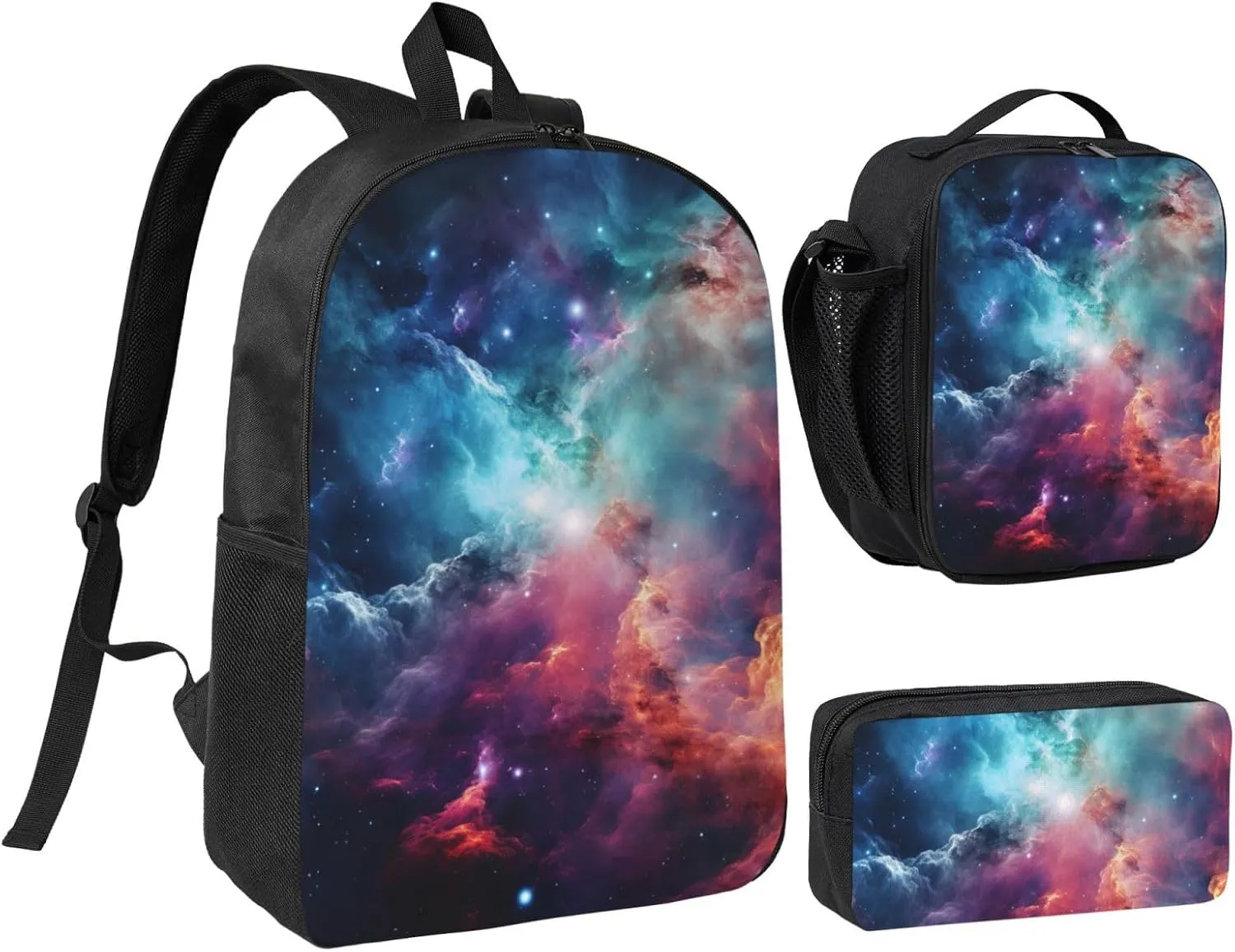galaxy cloud print Backpack 3pcs Set Including 17 Inch Large BookBag With Lunch Bag And Practical Pen Bag