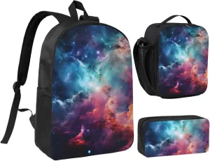 galaxy cloud print Backpack 3pcs Set Including 17 Inch Large BookBag With Lunch Bag And Practical Pen Bag
