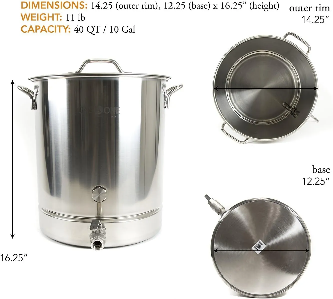 GasOne BS-40 Stainless Steel Kettle Pot Pre Drilled 4 PC Set Quart Tri Ply Bottom for Beer Includes Lid, Thermometer, Ball Valve Spigot-Home Brewing Supplies, 40 QT/10 GALLON