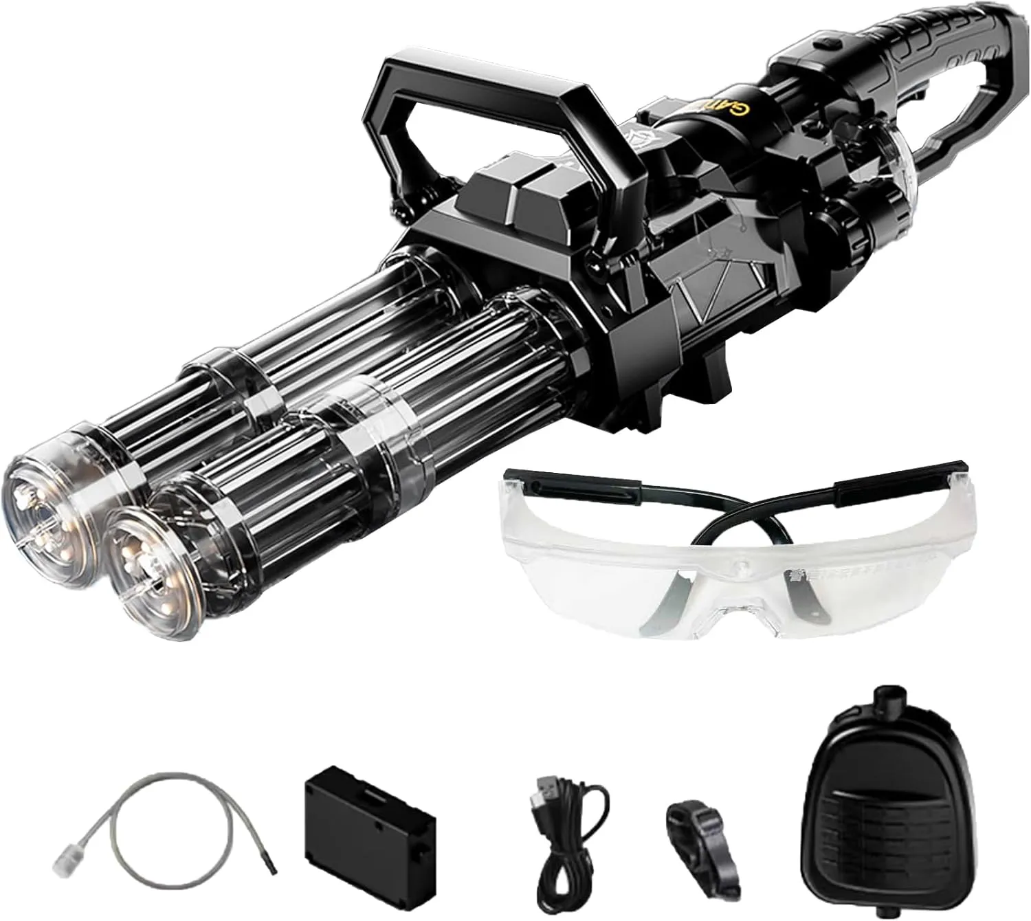 Gatling Water Gun, New Double Barrel Rotating Gatling Electric Water Gun, with LED Shooting Light Range 40 Ft,High-Speed Continuous Firing,Rechargeable Module Battery,Comes Capacity Backpack