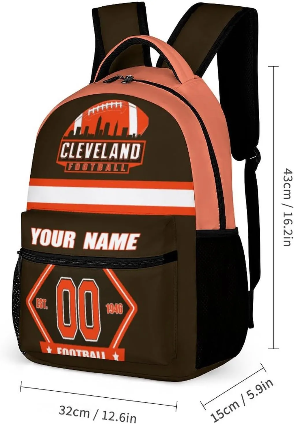 Generic Custom Backpack High Capacity Bag Football Fans Gifts for Men Women Teenager, Add Name & Number, Cle08-b