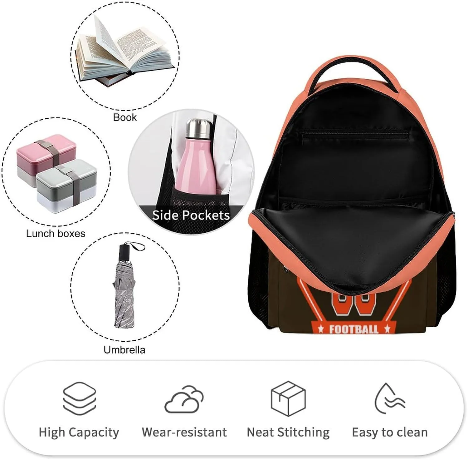 Generic Custom Backpack High Capacity Bag Football Fans Gifts for Men Women Teenager, Add Name & Number, Cle08-b