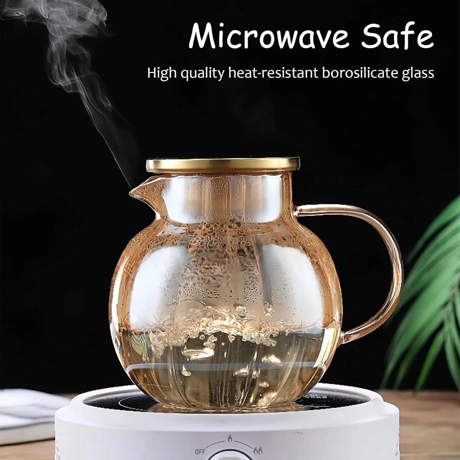 Glass Teapot Stovetop & Microwave Safe Glass Tea Kettle, Durable Borosilicate Glass Teapot with Strainer, 44oz/1300ml Glass Tea Pot with Lid (Amber)