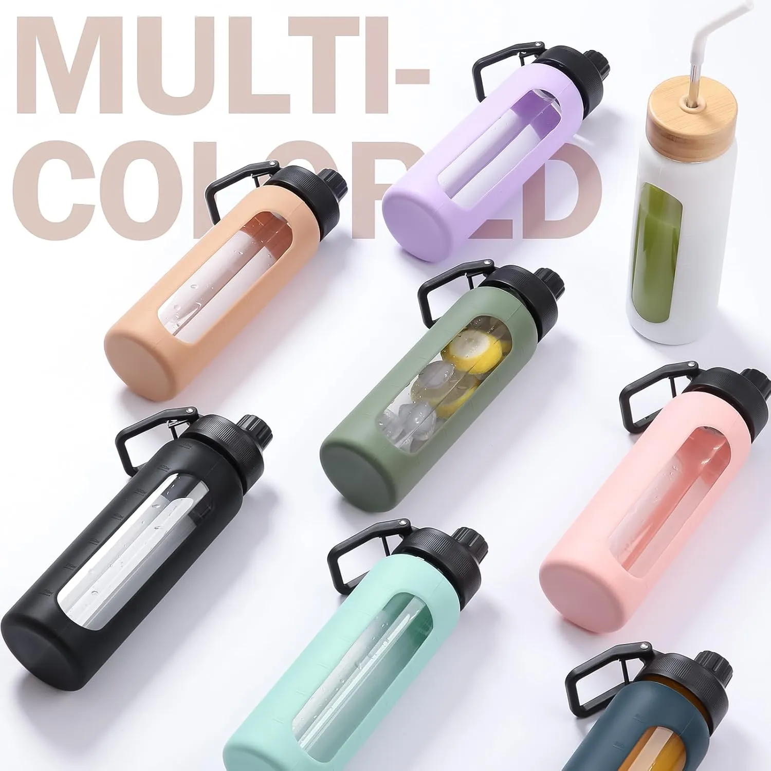 Glass Water Bottle with Straw, 24oz Glass Drinking Bottle with 2 Lids-Bamboo and Spout Lid with Phone Holder Handle for Gym Sports,with Silicone Sleeve and Time Marker,White
