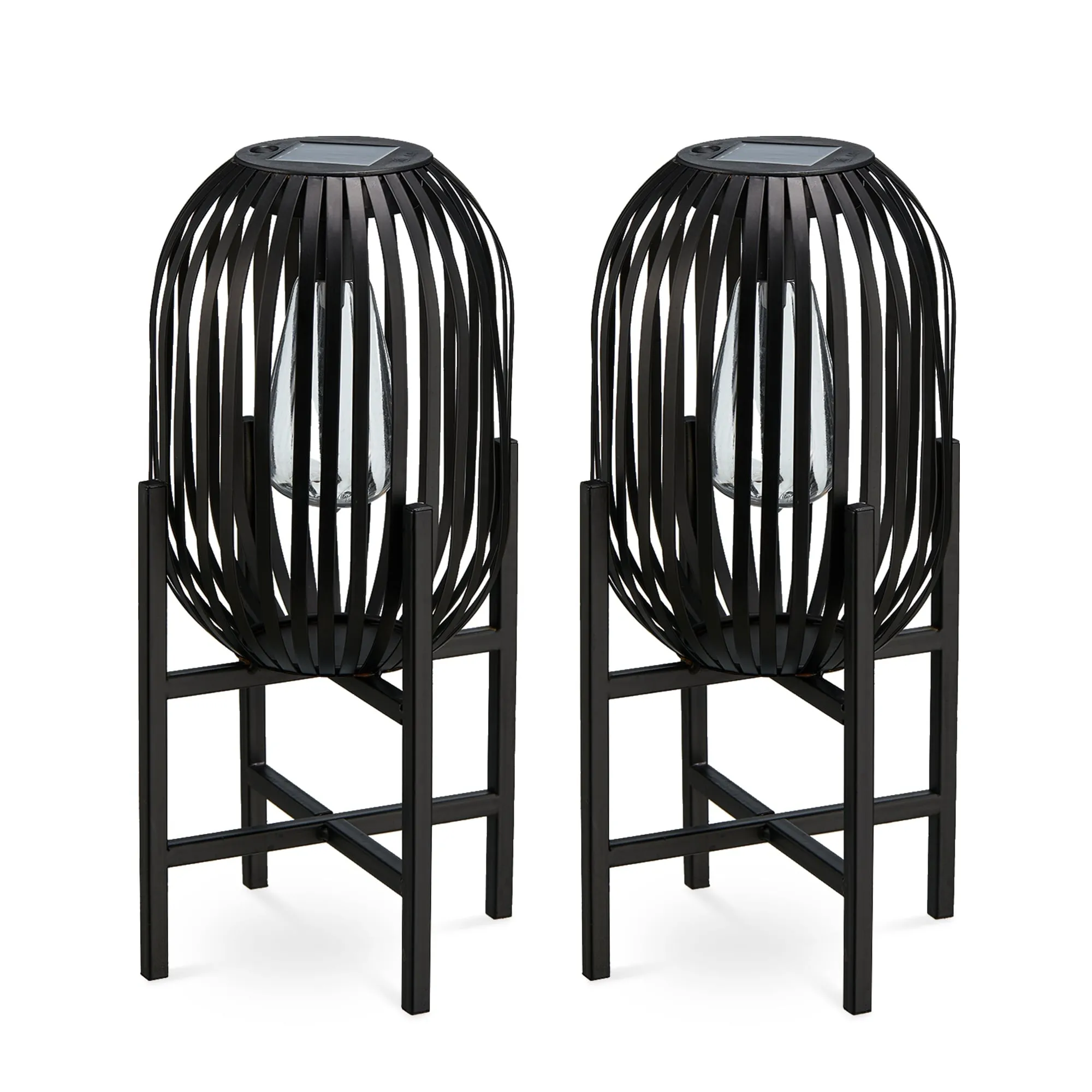 Glitzhome Set of 2 Outdoor Black Metal Striped Solar Lantern Floor Lamp