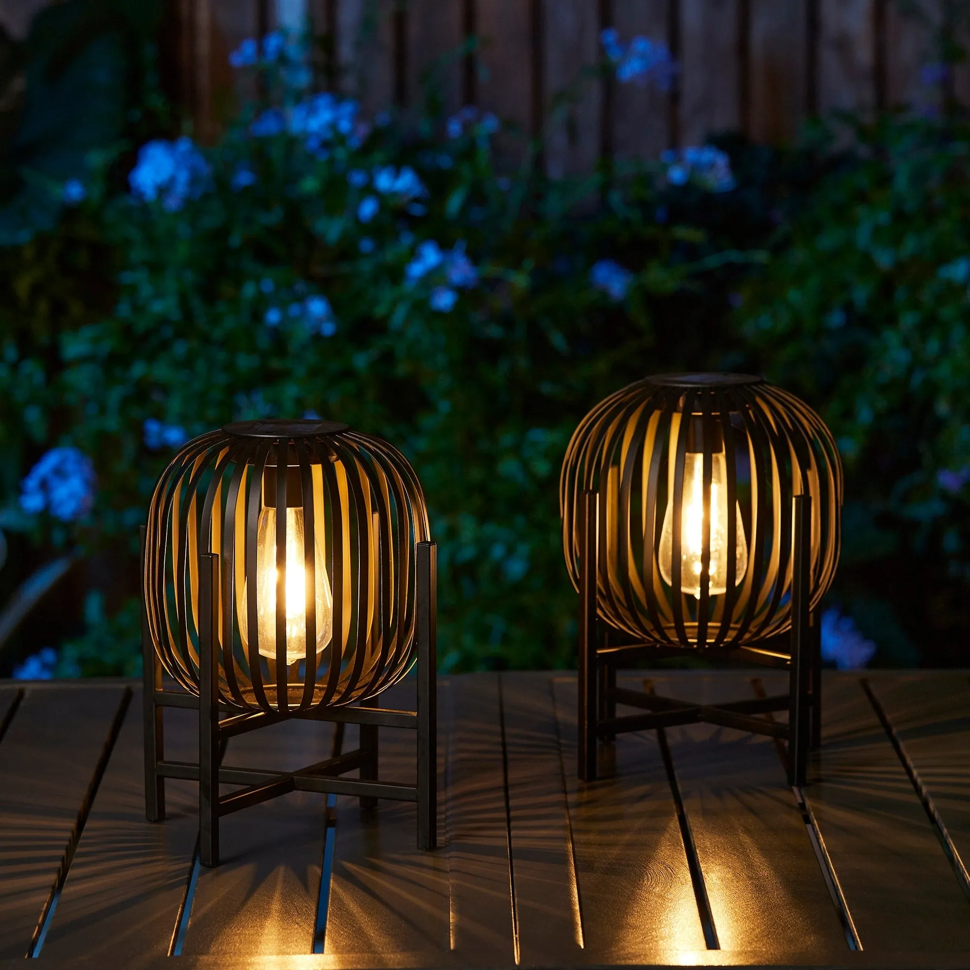 Glitzhome Set of 2 Outdoor Black Metal Striped Solar Lantern Floor Lamp