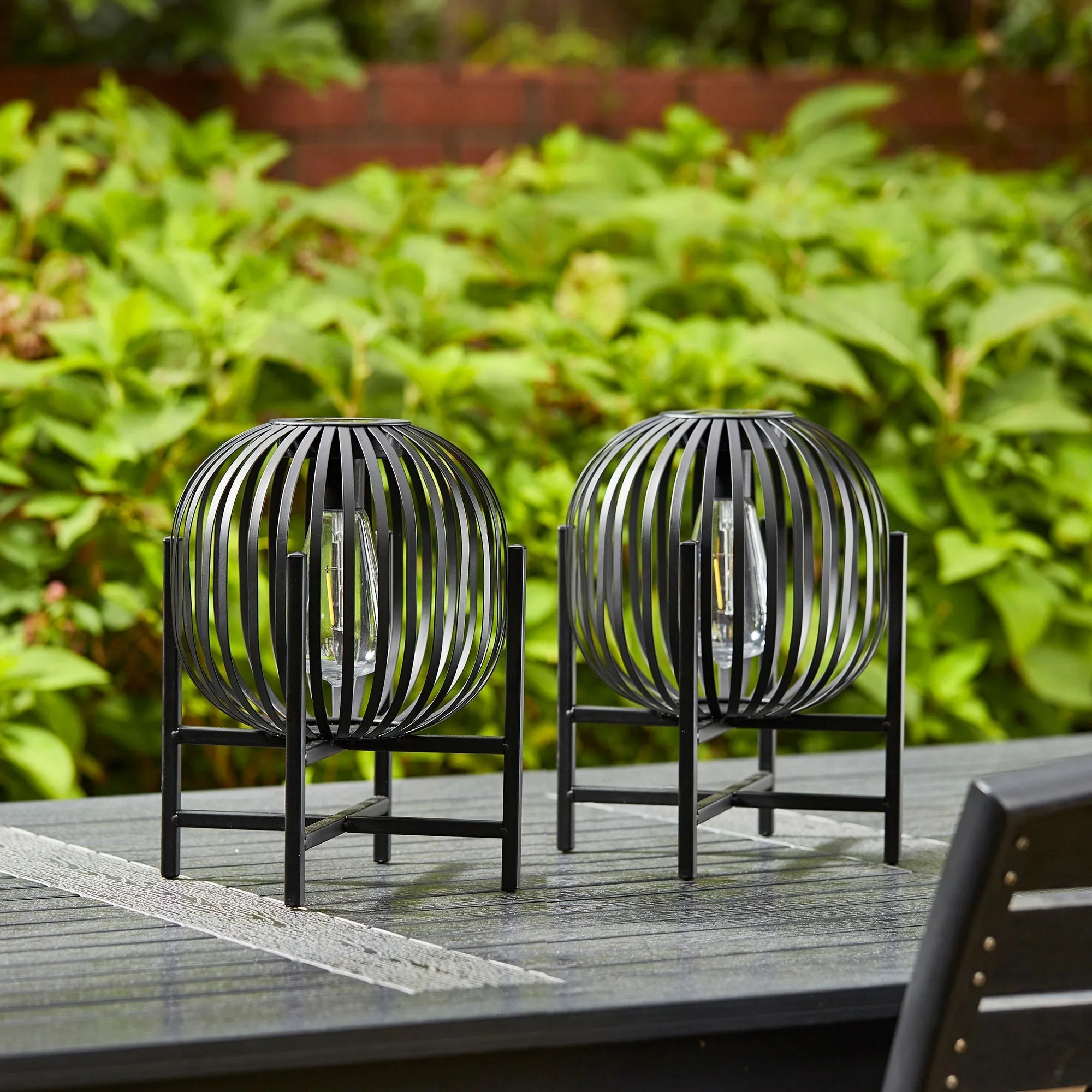 Glitzhome Set of 2 Outdoor Black Metal Striped Solar Lantern Floor Lamp