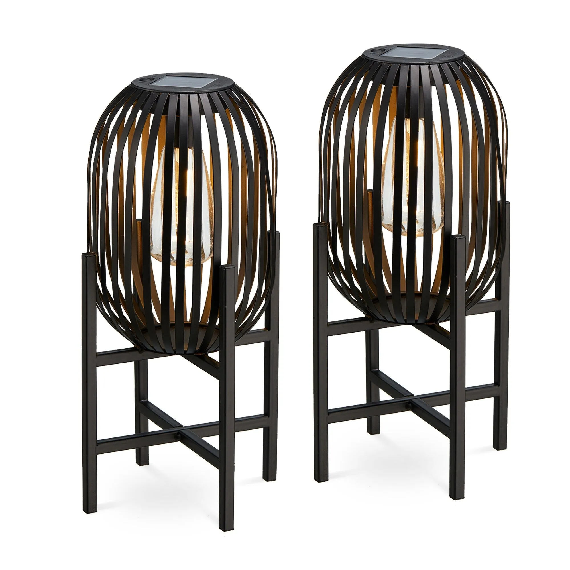 Glitzhome Set of 2 Outdoor Black Metal Striped Solar Lantern Floor Lamp