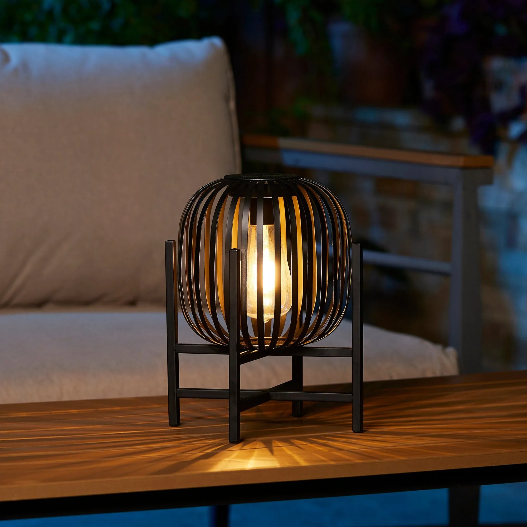 Glitzhome Set of 2 Outdoor Black Metal Striped Solar Lantern Floor Lamp