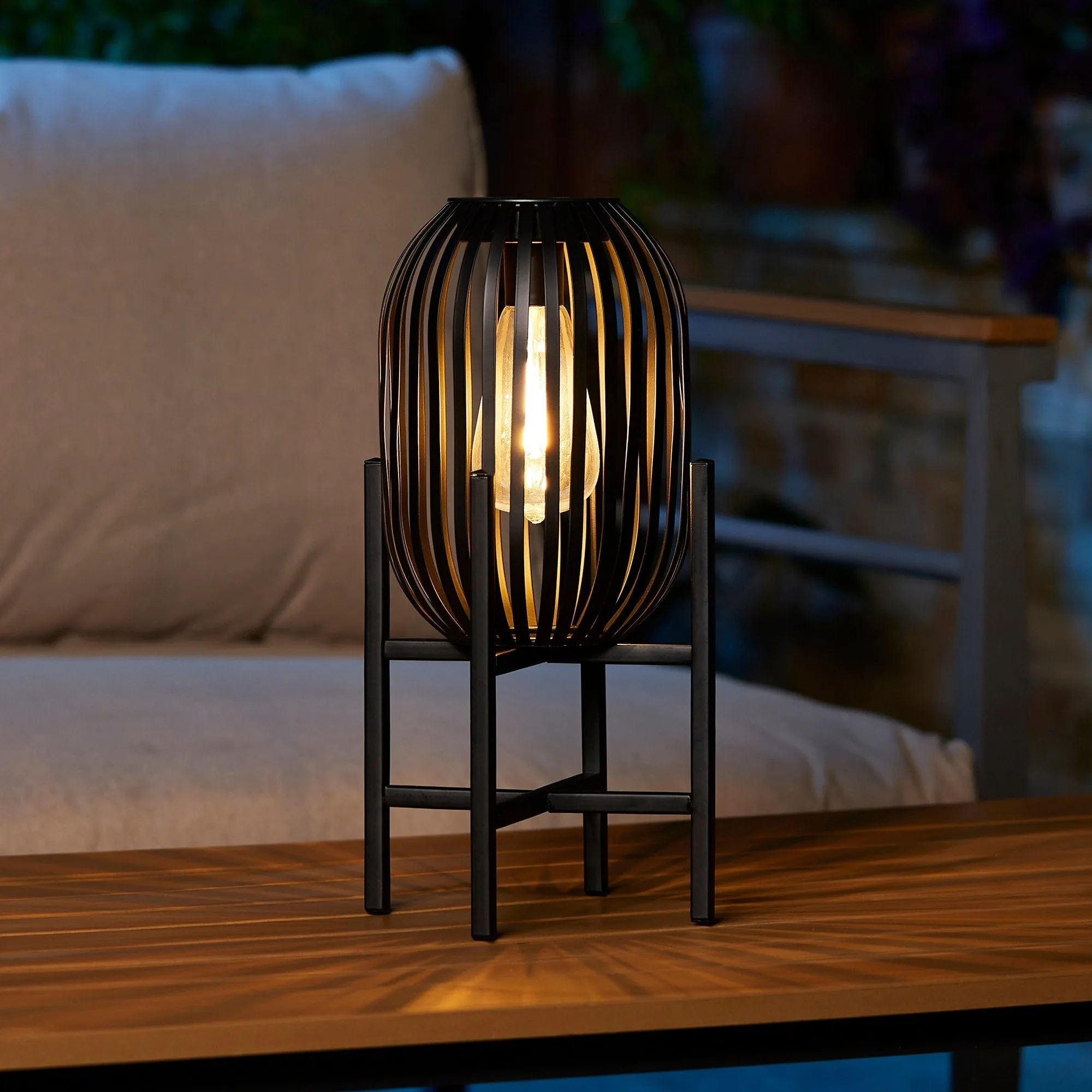 Glitzhome Set of 2 Outdoor Black Metal Striped Solar Lantern Floor Lamp