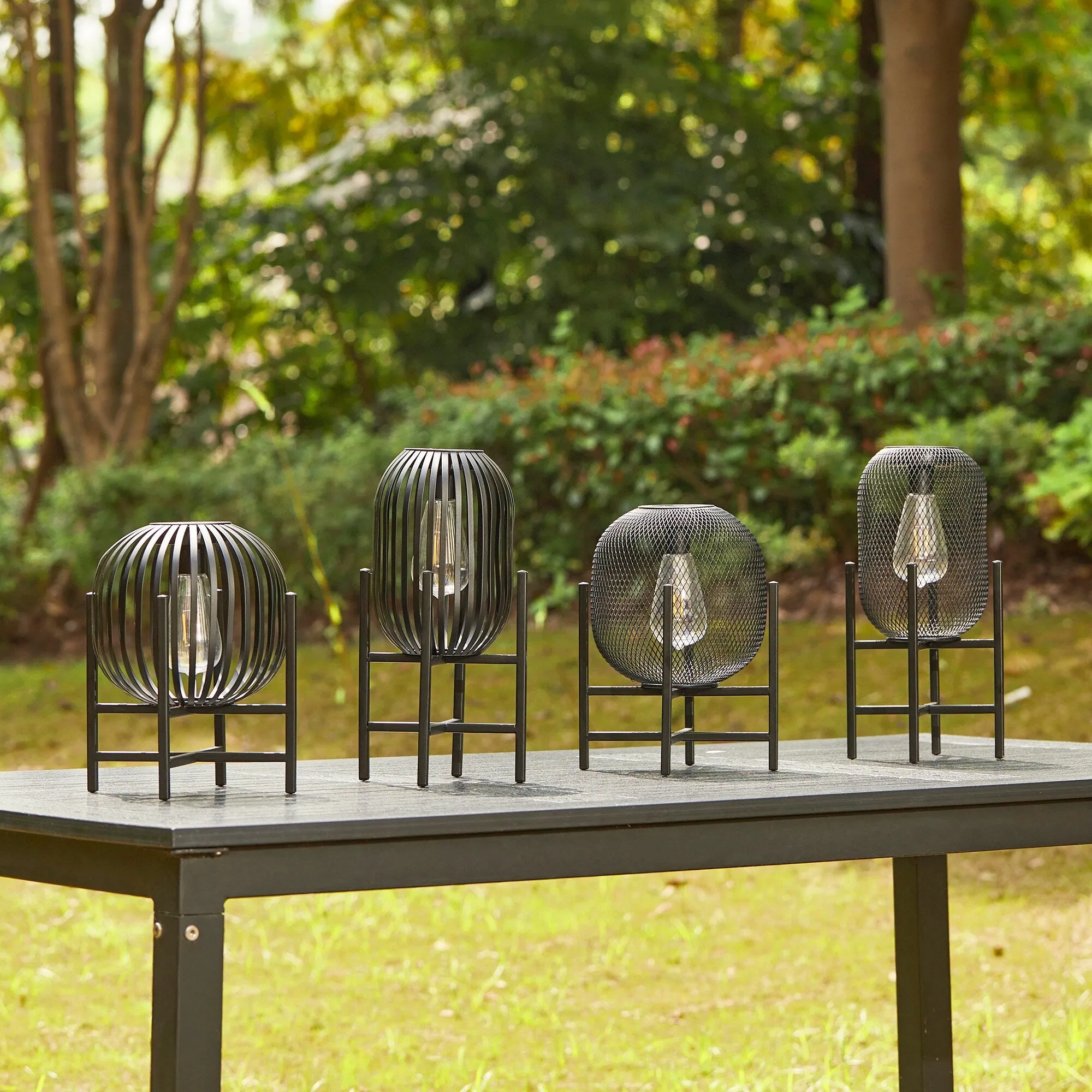 Glitzhome Set of 2 Outdoor Black Metal Striped Solar Lantern Floor Lamp