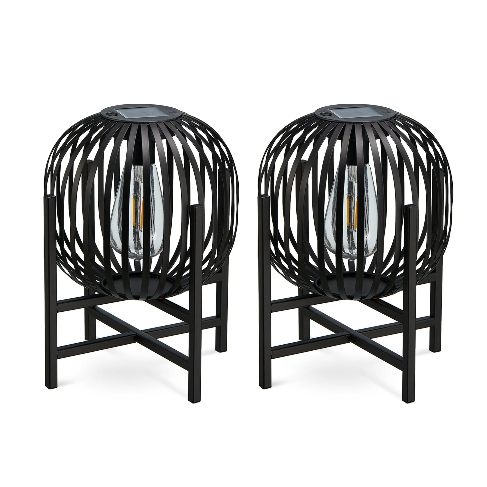 Glitzhome Set of 2 Outdoor Black Metal Striped Solar Lantern Floor Lamp