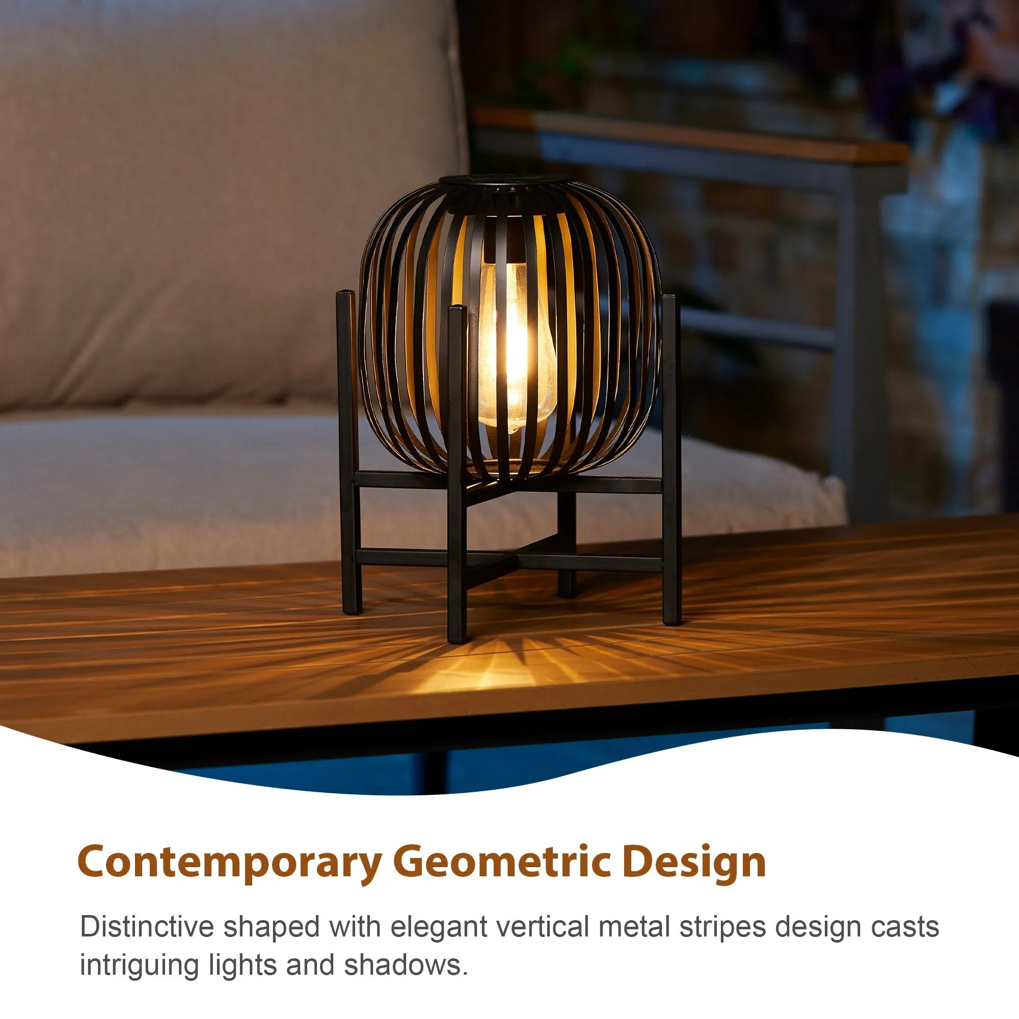 Glitzhome Set of 2 Outdoor Black Metal Striped Solar Lantern Floor Lamp