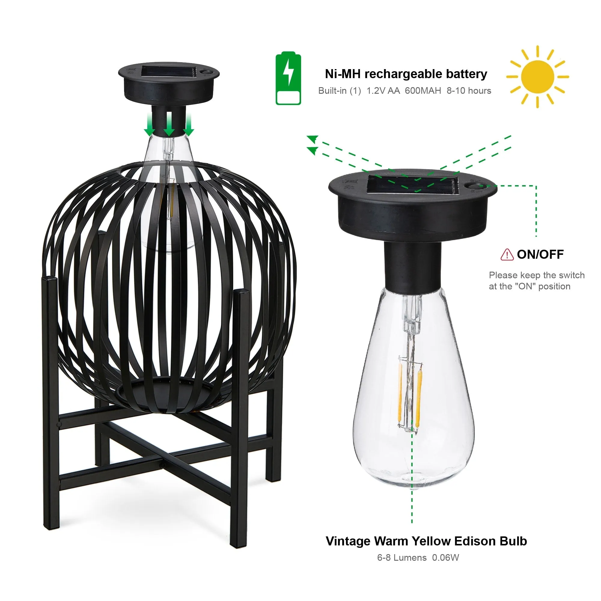 Glitzhome Set of 2 Outdoor Black Metal Striped Solar Lantern Floor Lamp