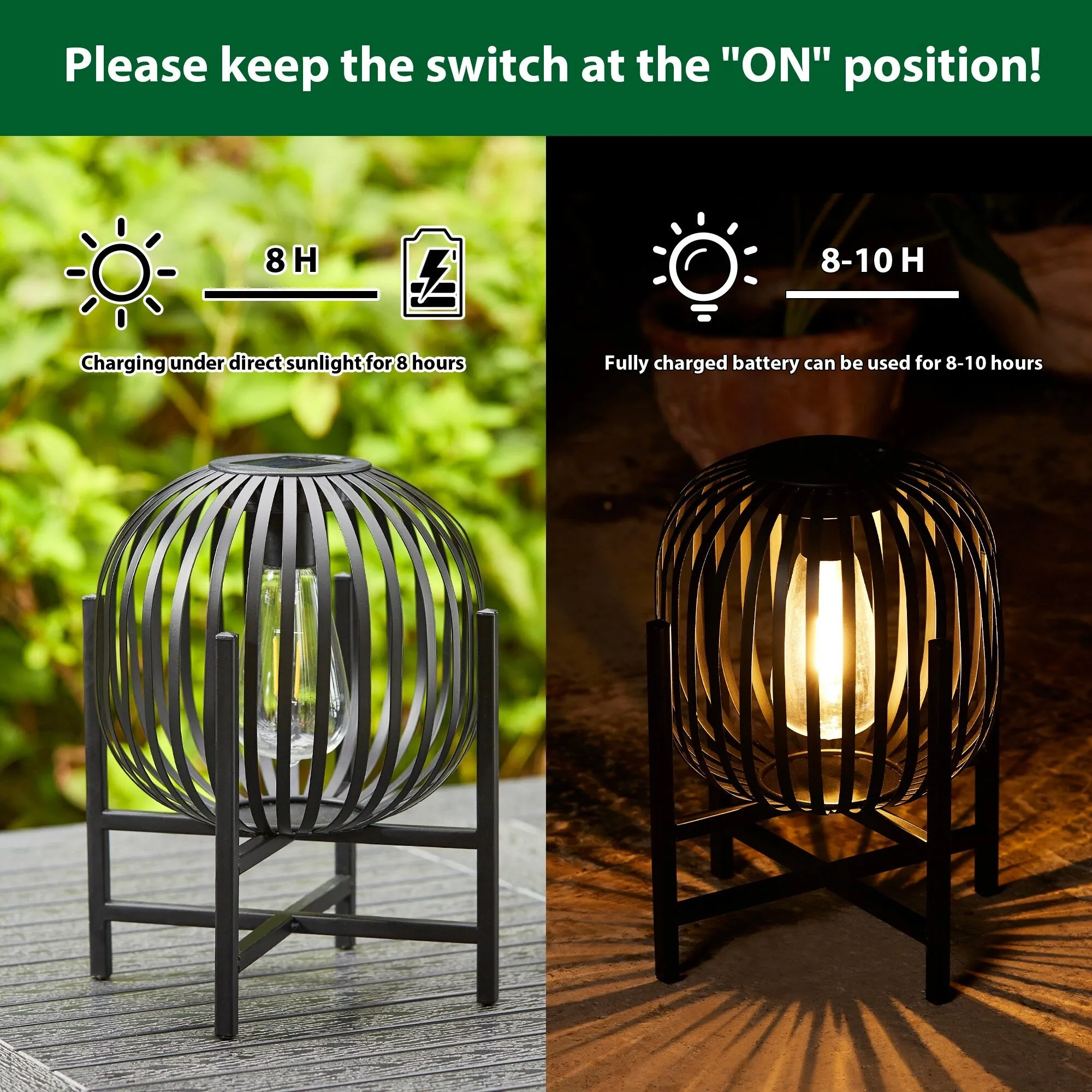 Glitzhome Set of 2 Outdoor Black Metal Striped Solar Lantern Floor Lamp