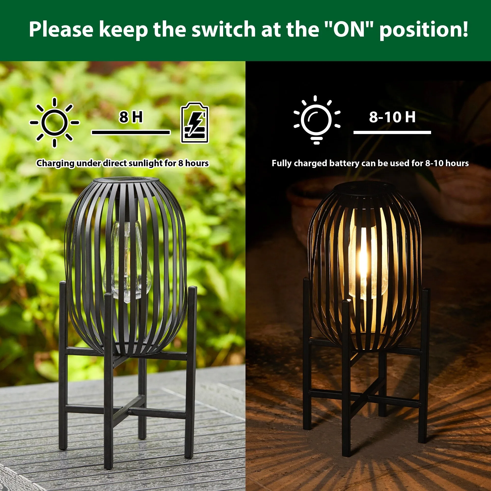 Glitzhome Set of 2 Outdoor Black Metal Striped Solar Lantern Floor Lamp