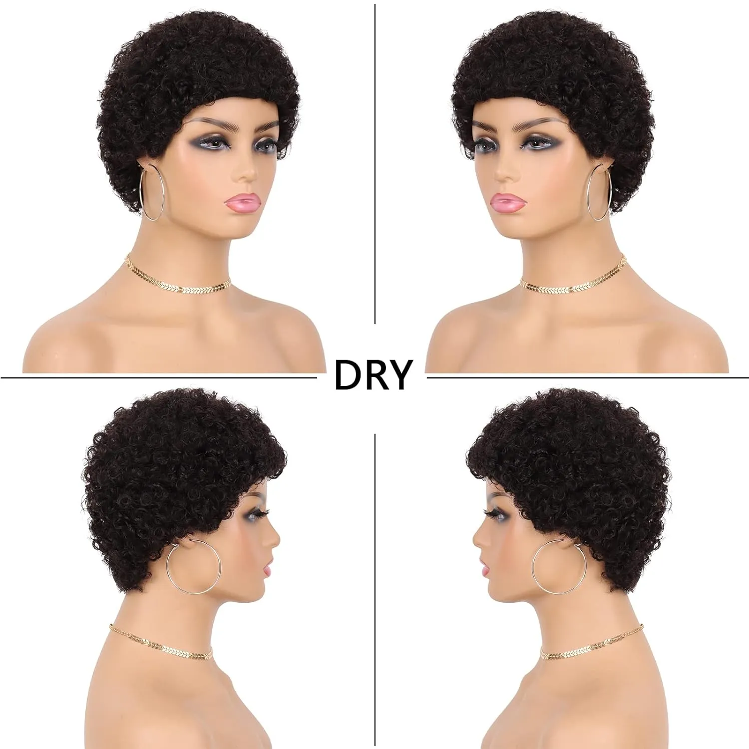 Glueless Wear and Go Wig Short Human Hair Wigs for Black Women Curly Wig with Bangs Brazilian Virgin Full Machine Made Wig Natural Black None Lace Frontal Wigs for Daily Use (Natural Black)