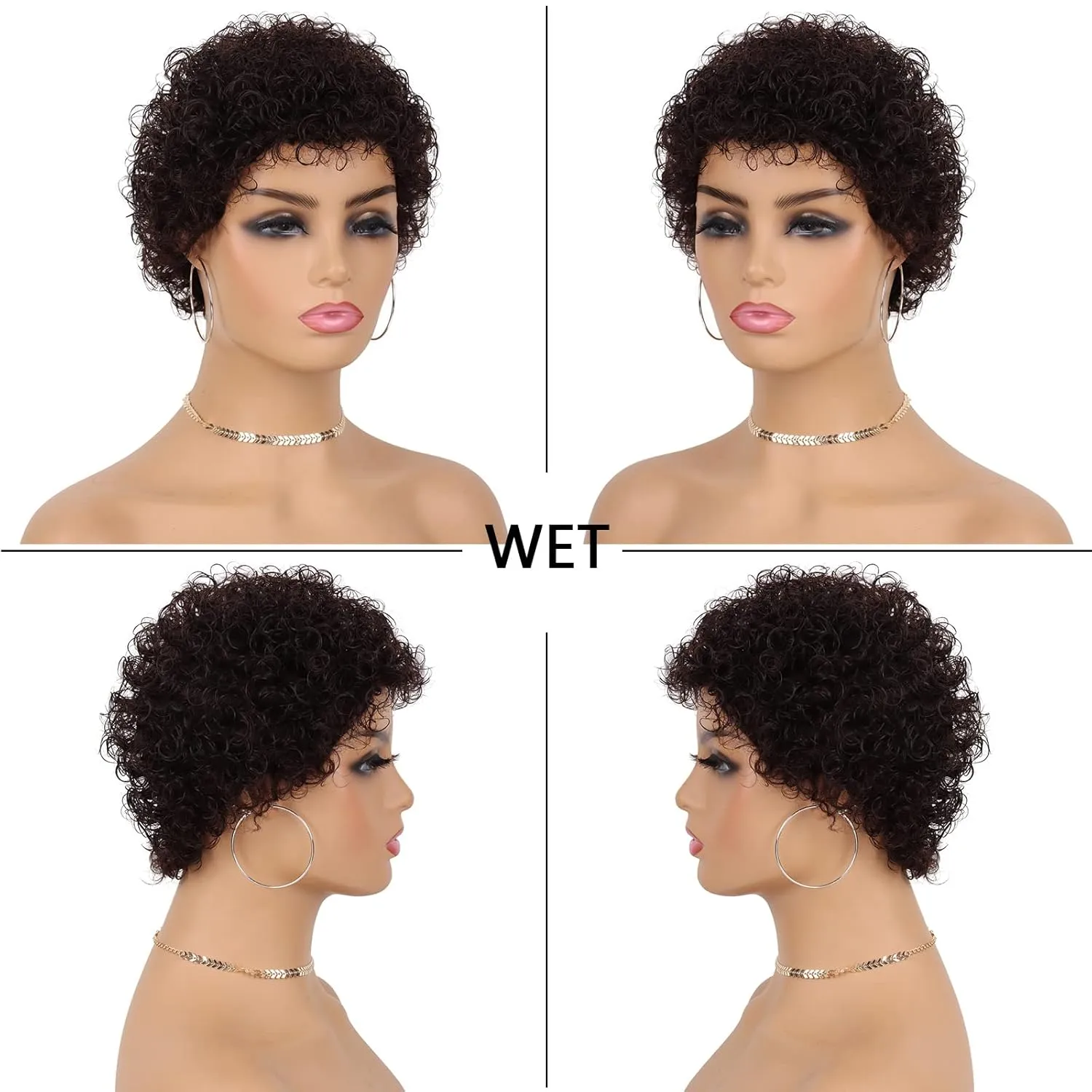 Glueless Wear and Go Wig Short Human Hair Wigs for Black Women Curly Wig with Bangs Brazilian Virgin Full Machine Made Wig Natural Black None Lace Frontal Wigs for Daily Use (Natural Black)