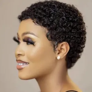 Glueless Wear and Go Wig Short Human Hair Wigs for Black Women Curly Wig with Bangs Brazilian Virgin Full Machine Made Wig Natural Black None Lace Frontal Wigs for Daily Use (Natural Black)