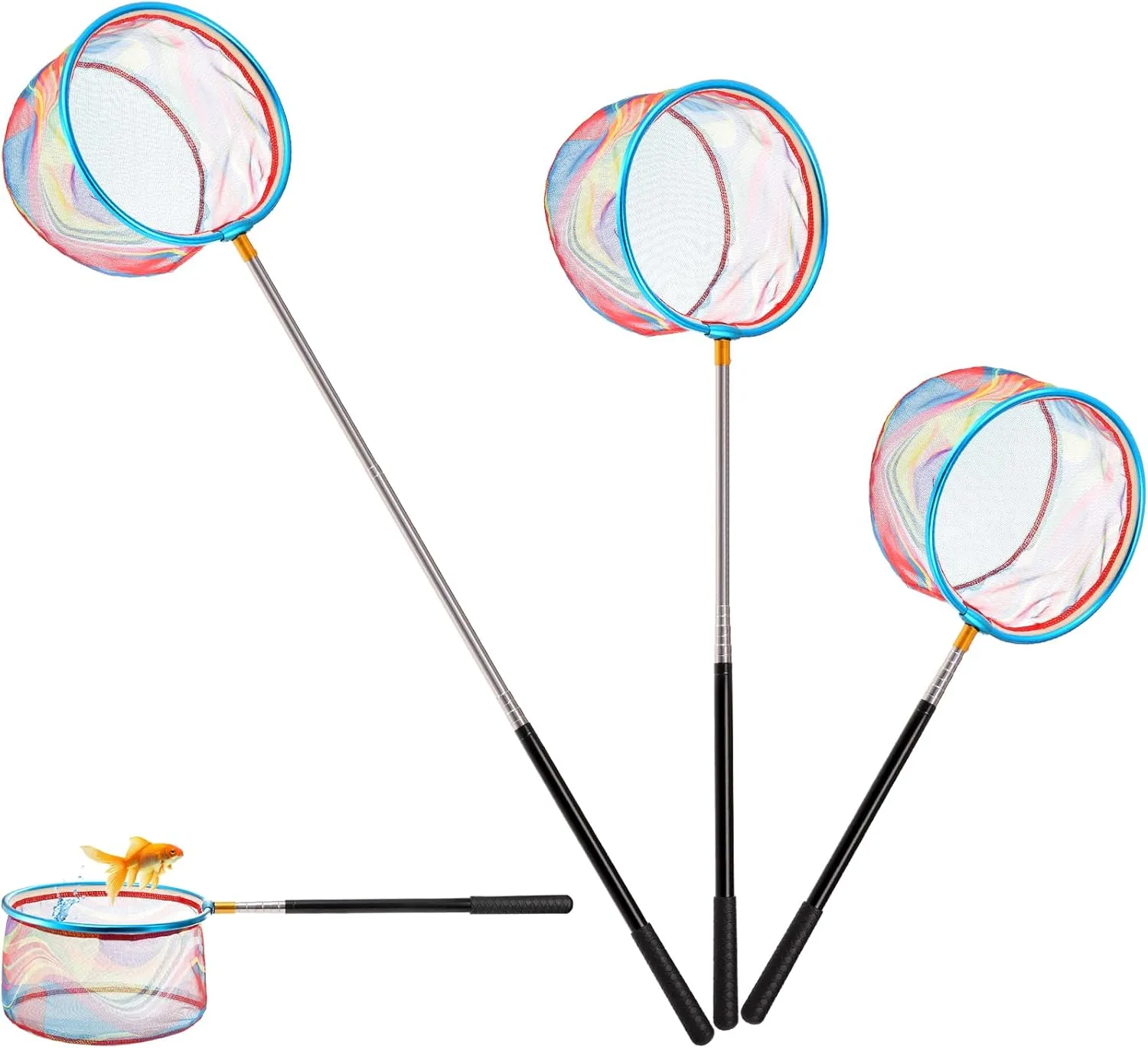 Goaste 3 Pack Kids Fishing Net, Telescopic Lightweight Landing Net, Bug Insect Catching Net with Stainless Steel Pole Handle for Kids Outdoor Playing, Extendable from 26 inch to 67.5 inch