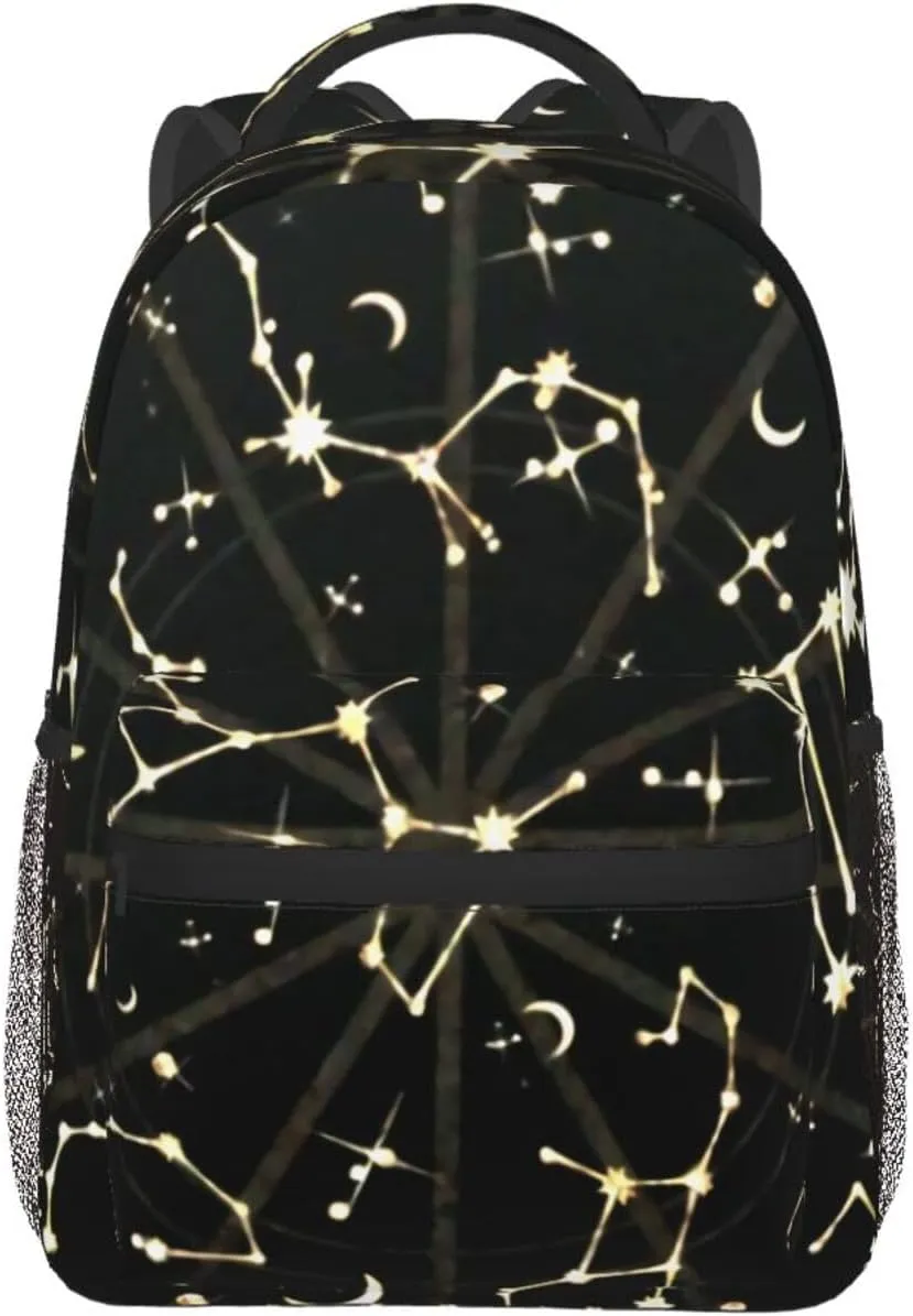 Gold Glitter Zodiac Constellations Black Backpack Laptop Backpack Sports Travel Shoulder bag Light casual backpack