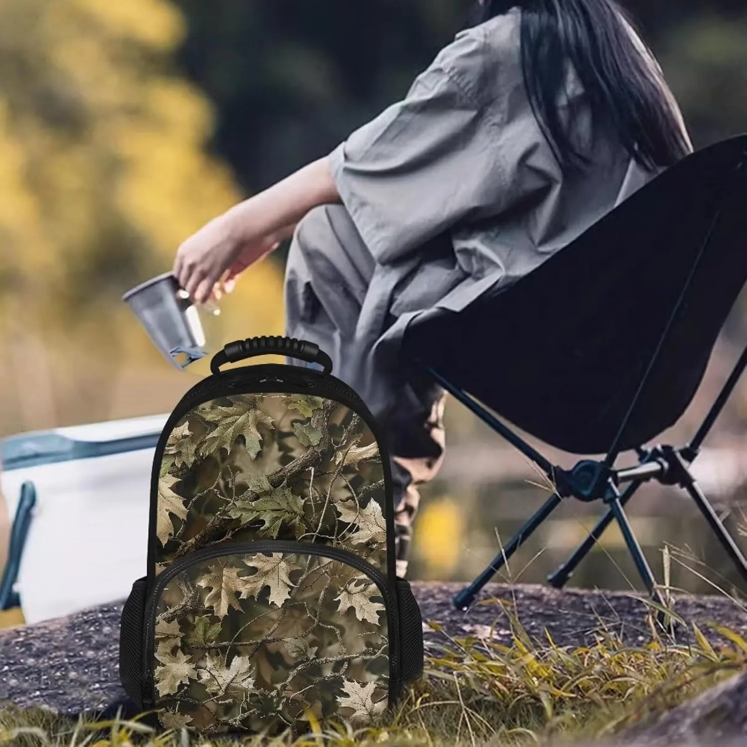 Gomyblomy Green Hunting Camo Camping Backpack for Men, Insulated Lunch Backpack Cooler with Laptop Compartment, Portable Leak Proof Lunch Bag Hiking Rucksack
