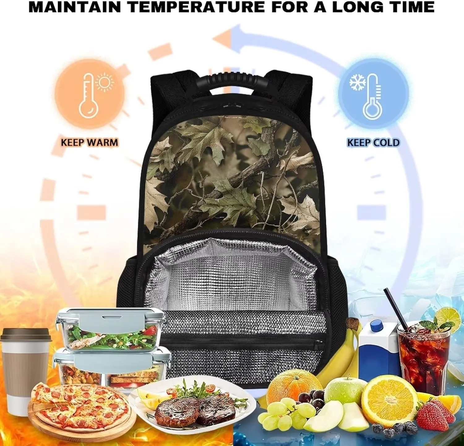 Gomyblomy Green Hunting Camo Camping Backpack for Men, Insulated Lunch Backpack Cooler with Laptop Compartment, Portable Leak Proof Lunch Bag Hiking Rucksack