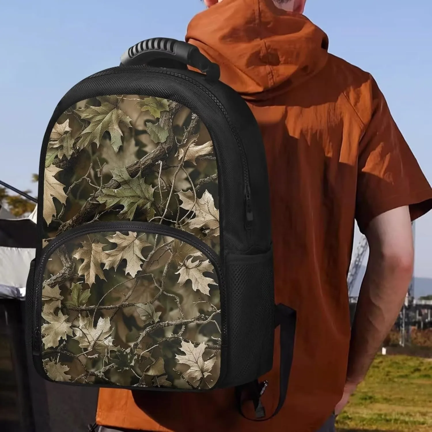 Gomyblomy Green Hunting Camo Camping Backpack for Men, Insulated Lunch Backpack Cooler with Laptop Compartment, Portable Leak Proof Lunch Bag Hiking Rucksack