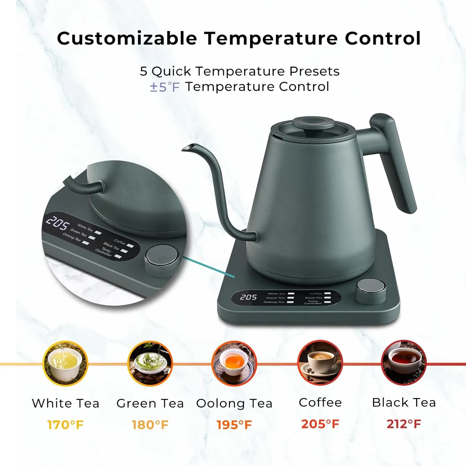 Gooseneck Electric Kettle, Custom Temperature Control,1200 W Fast Boil & 2H Auto Keep Warm, Real-time Temp Display, Precise Pouring, Pour Over Coffee Kettle & Tea Kettle, Stainlee Steel,Green