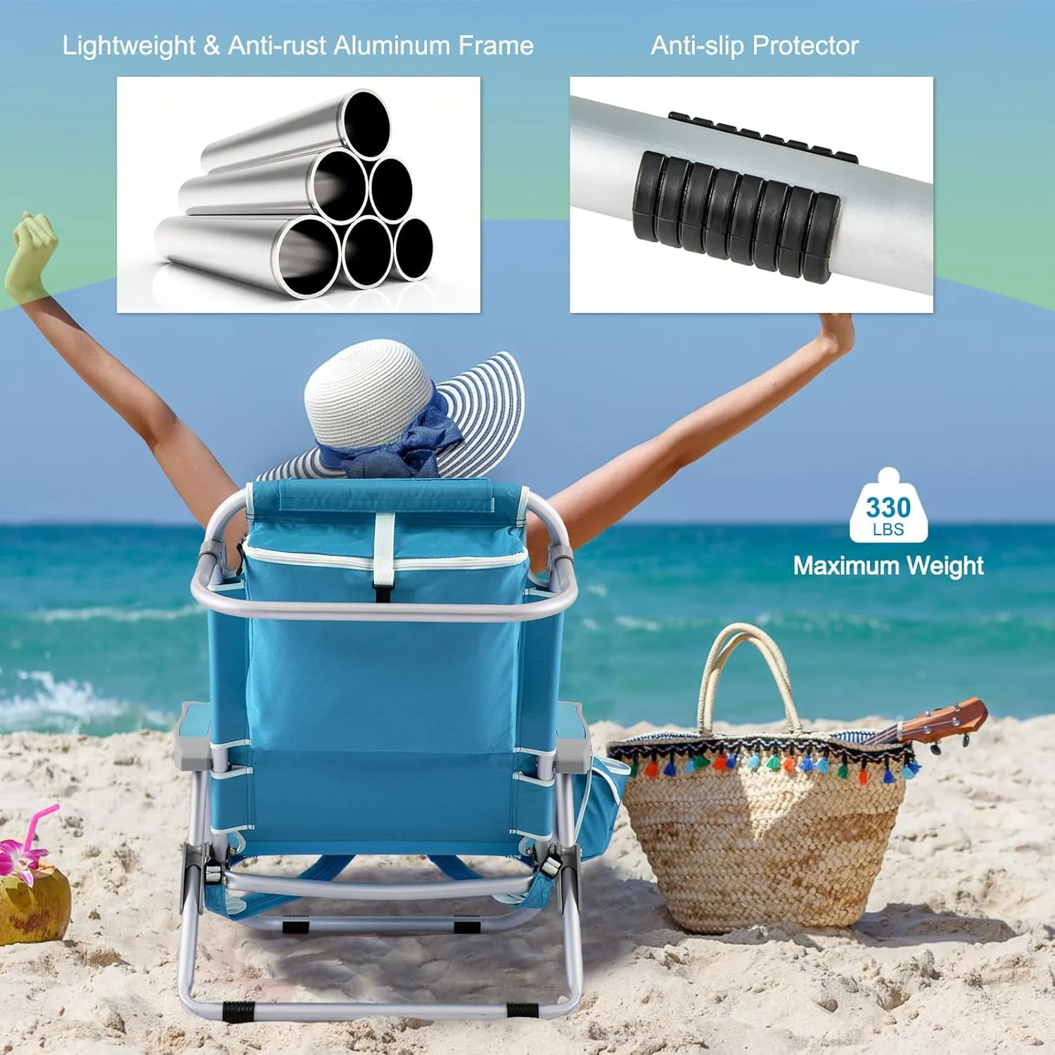 Goplus Beach Chair, 330lbs Folding Backpack Chairs for Adults with 5-Position Backrest, Storage Pockets, Towel Bar & Headrest, Foldable Low Beach Lounge, Portable Aluminum Lay Flat Camping Chair