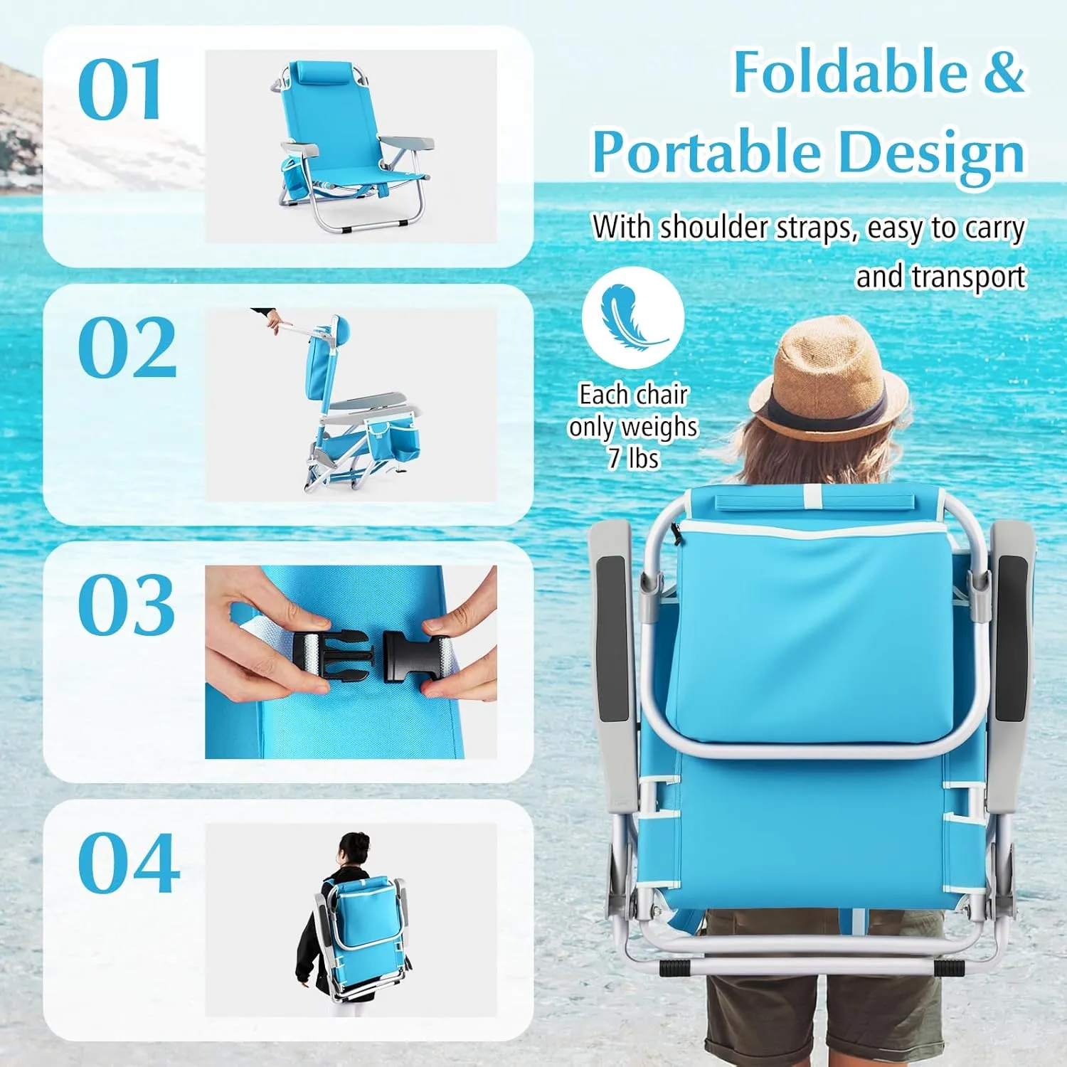 Goplus Beach Chair, 330lbs Folding Backpack Chairs for Adults with 5-Position Backrest, Storage Pockets, Towel Bar & Headrest, Foldable Low Beach Lounge, Portable Aluminum Lay Flat Camping Chair