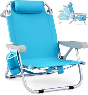 Goplus Beach Chair, 330lbs Folding Backpack Chairs for Adults with 5-Position Backrest, Storage Pockets, Towel Bar & Headrest, Foldable Low Beach Lounge, Portable Aluminum Lay Flat Camping Chair