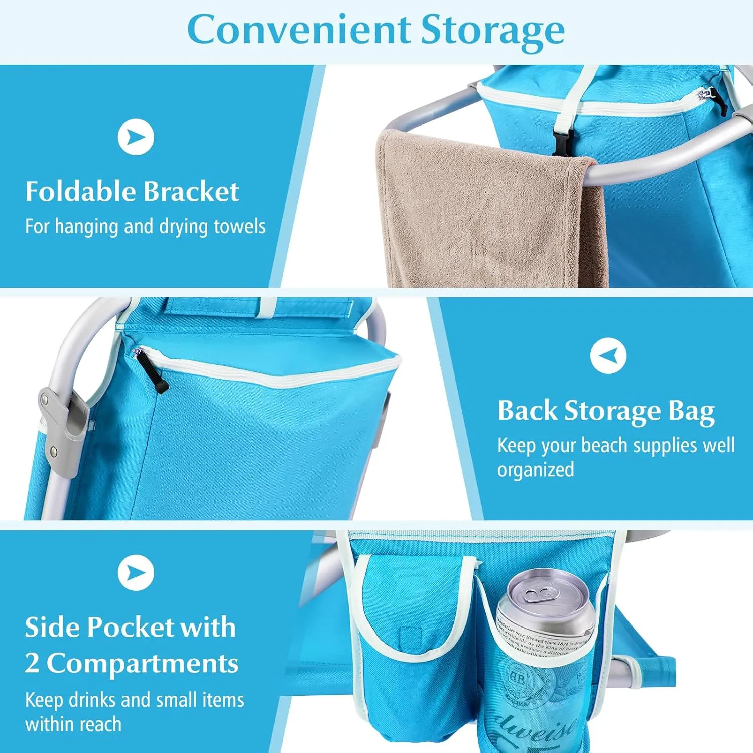 Goplus Beach Chair, 330lbs Folding Backpack Chairs for Adults with 5-Position Backrest, Storage Pockets, Towel Bar & Headrest, Foldable Low Beach Lounge, Portable Aluminum Lay Flat Camping Chair