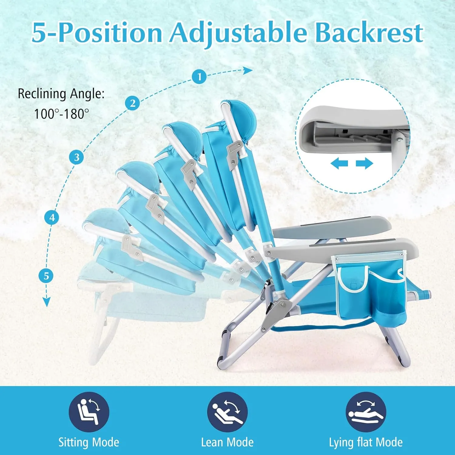 Goplus Beach Chair, 330lbs Folding Backpack Chairs for Adults with 5-Position Backrest, Storage Pockets, Towel Bar & Headrest, Foldable Low Beach Lounge, Portable Aluminum Lay Flat Camping Chair