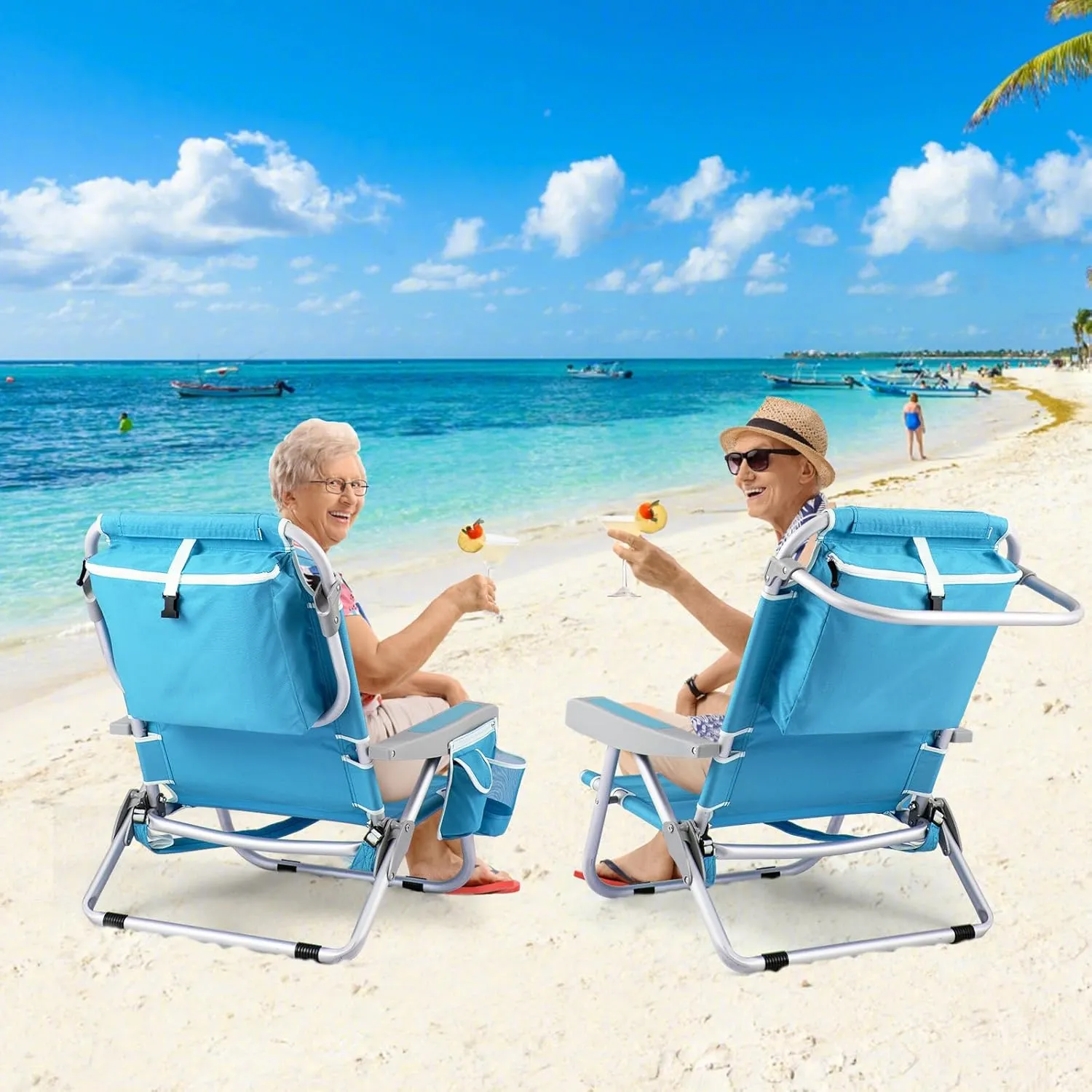Goplus Beach Chair, 330lbs Folding Backpack Chairs for Adults with 5-Position Backrest, Storage Pockets, Towel Bar & Headrest, Foldable Low Beach Lounge, Portable Aluminum Lay Flat Camping Chair