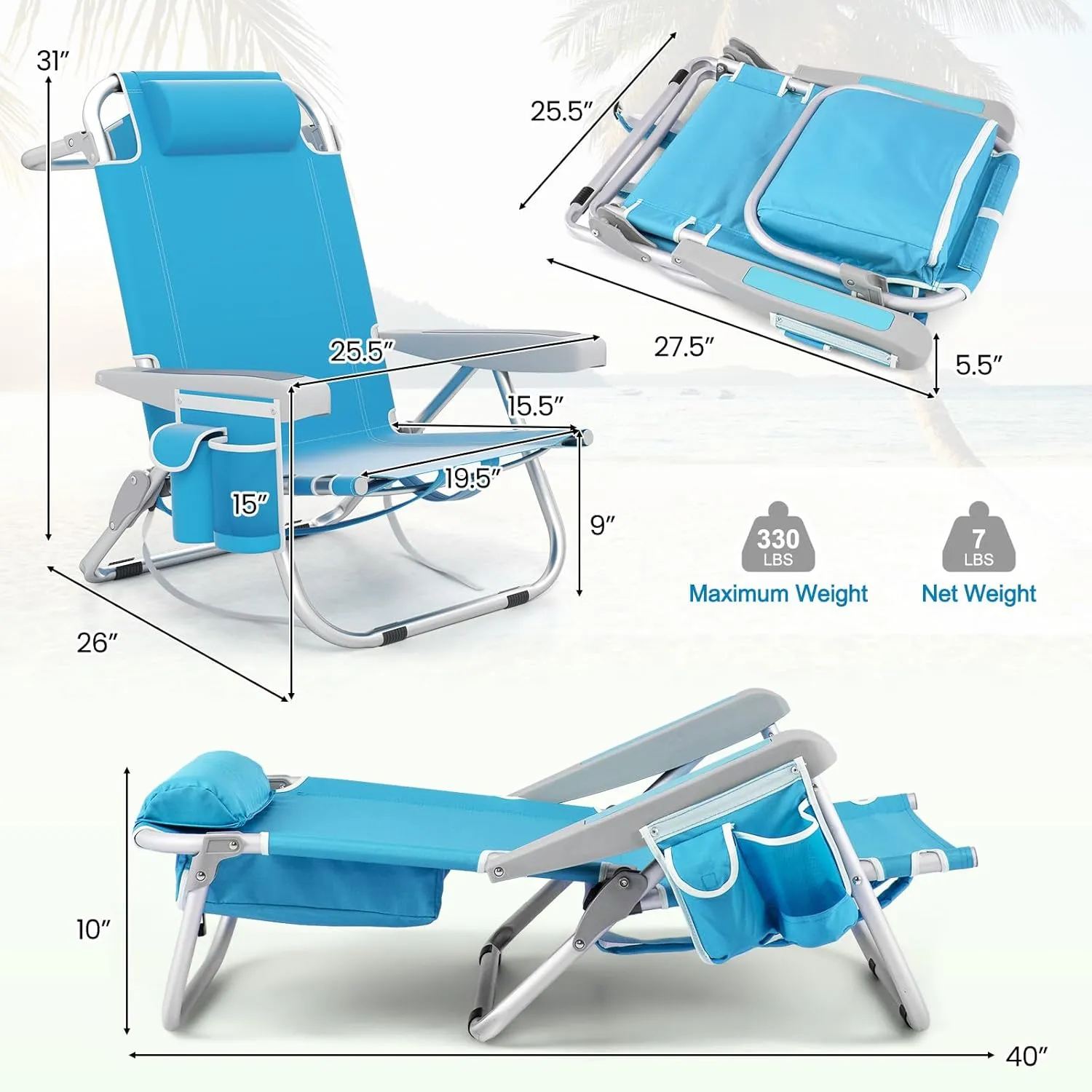 Goplus Beach Chair, 330lbs Folding Backpack Chairs for Adults with 5-Position Backrest, Storage Pockets, Towel Bar & Headrest, Foldable Low Beach Lounge, Portable Aluminum Lay Flat Camping Chair