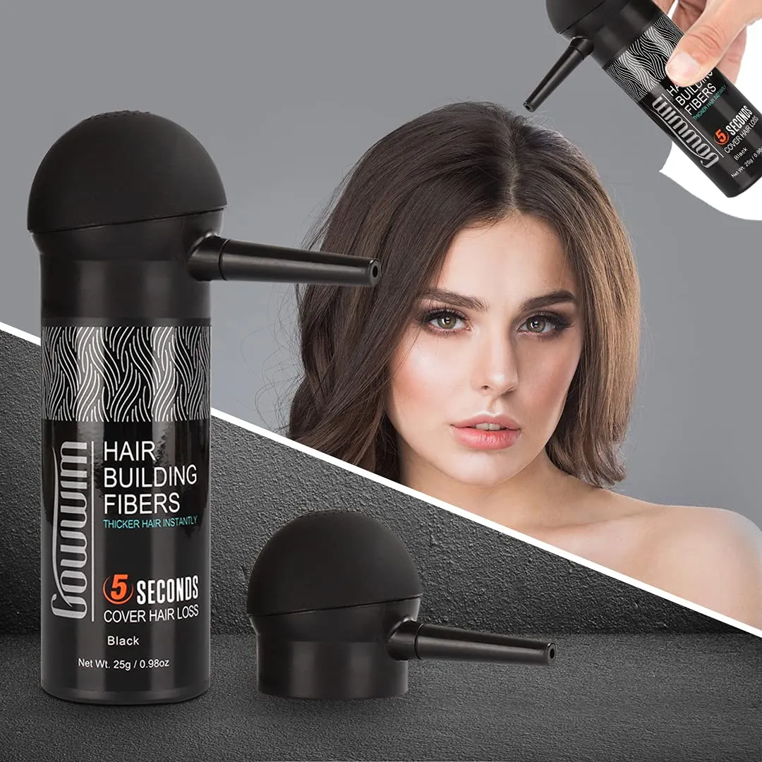 GOWWIM Hair Thickening Fibers 2-in-1 Kit Keratin Building Fibers, Spray Applicator & Hold Spray - Instantly Volumize Sparse Areas (Black)